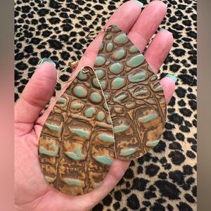 Turquoise & Brown Croc-Embossed Leather Teardrop Earrings